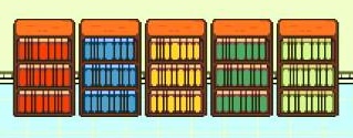 Five bookshelves in a row